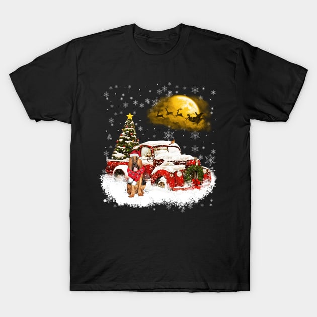Red Truck Xmas Tree Bloodhound Christmas T-Shirt by Benko Clarence
